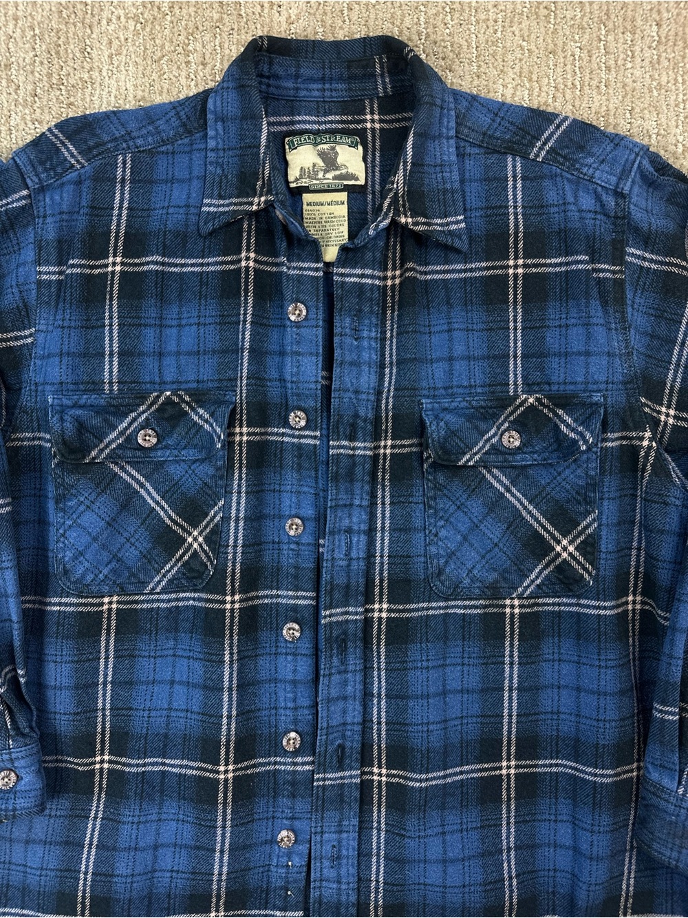 Vintage Field & Stream Blue Plaid Flannel Shirt Grunge Thrashed Workwear Med